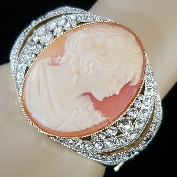 Amedeo Cameo Rhinestone Gold Tone Cuff Bracelet - Picture 14 of 16